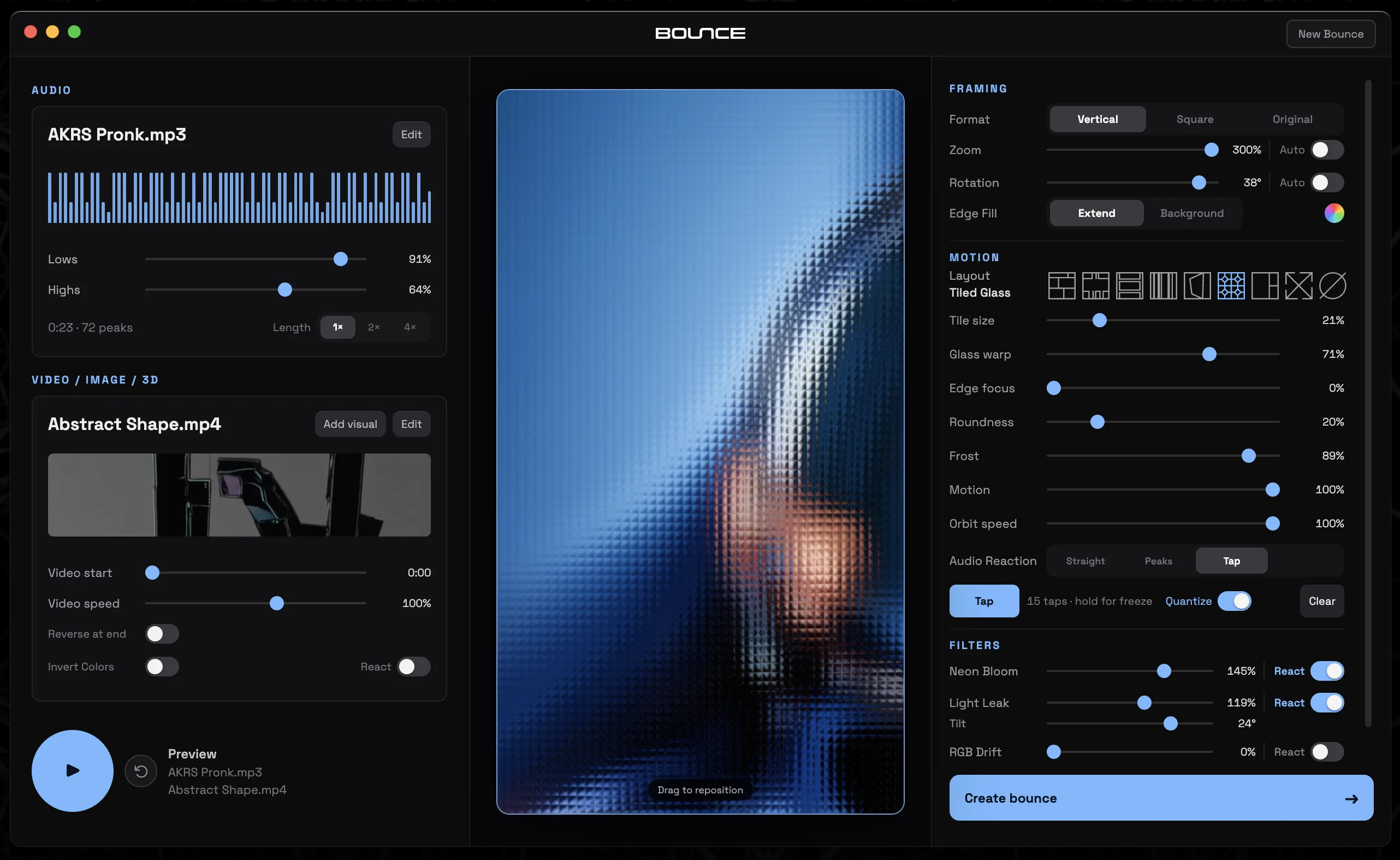 Bounce audio controls with track waveform and length options
